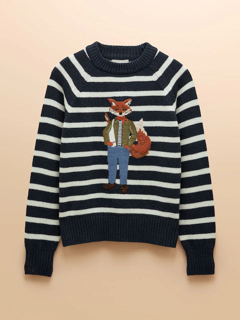 JOULES Striped Jumper with Fox Intarsia. Buy stylish JONTY crew neck sweater online. #Joules #FoxSweater #StripedJumper