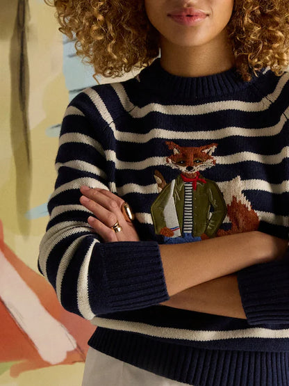 JOULES Jonty Striped Crew Neck Jumper with Fox Intarsia - Cotton Blend Long Sleeve Sweater