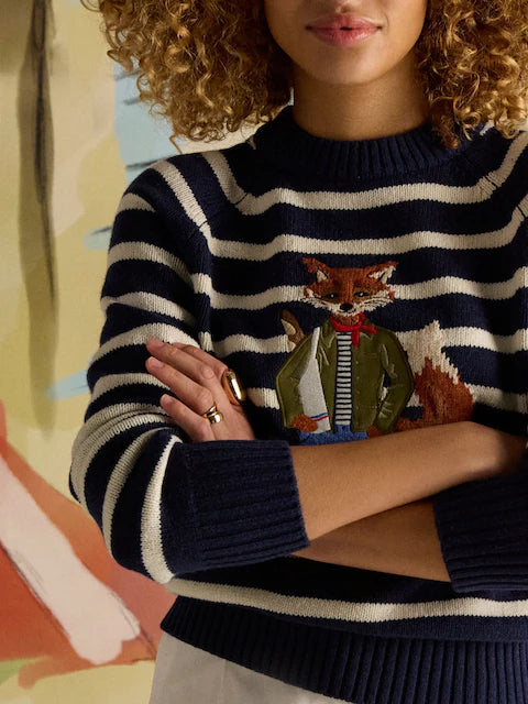 JOULES Jonty Striped Crew Neck Jumper with Fox Intarsia - Cotton Blend Long Sleeve Sweater