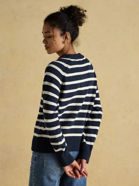 Joules Jonty Striped Crew Neck Jumper - Navy and White - Women's Fashion Knitwear