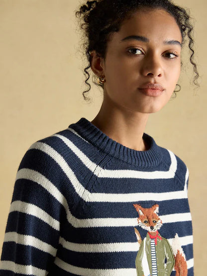 Joules Jonty Striped Jumper: Navy & White Cotton Blend Knit with Fox Intarsia Detail - Women's Fashion