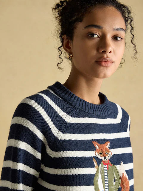 Joules Jonty Striped Jumper: Navy & White Cotton Blend Knit with Fox Intarsia Detail - Women's Fashion
