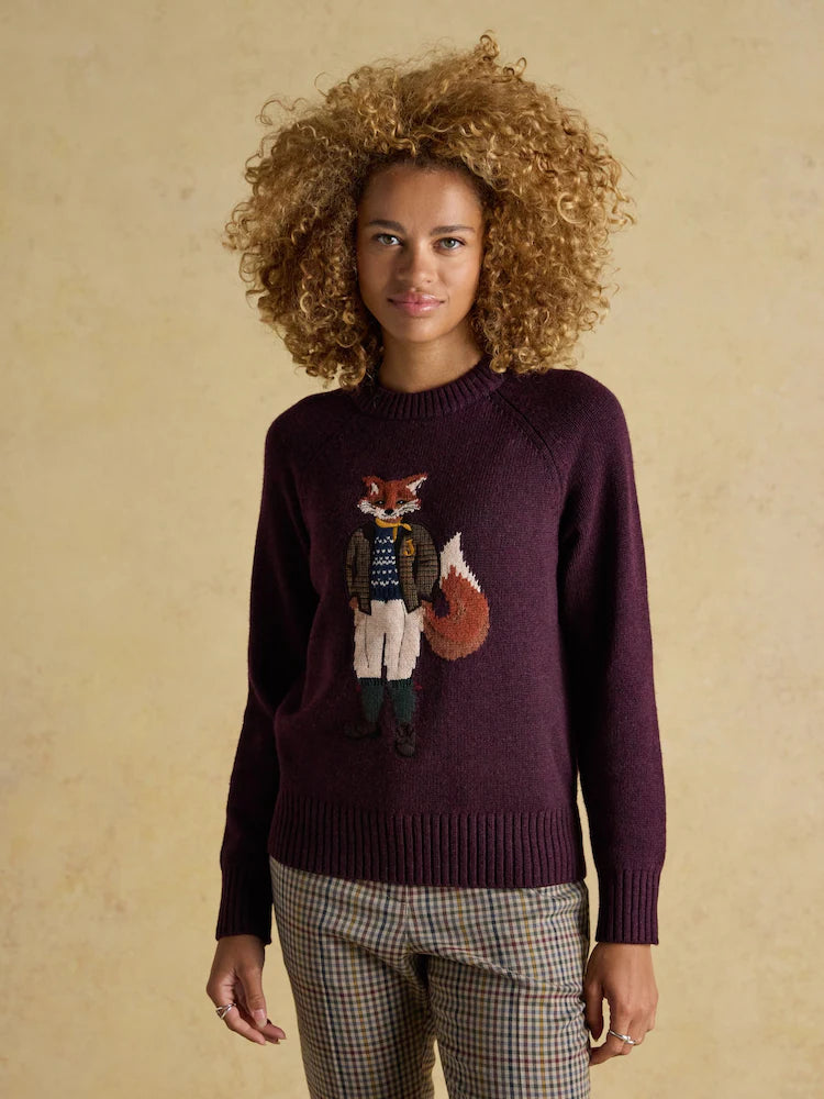 JOULES Jonty Wine Red Crew Neck Intarsia Jumper with Fox Design | Equiflair Saddlery