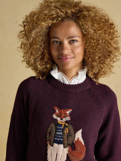 Joules Jonty Fox Red Crew Neck Sweater - Woman wearing intarsia jumper with embroidered fox design. Equiflair Saddlery