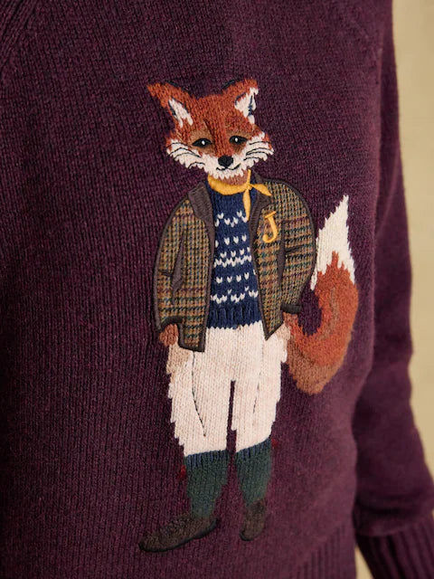 Joules Jonty Wine Red Sweater - Fox Intarsia Crew Neck Jumper for women.