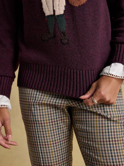 JOULES JONTY Wine Red Intarsia Jumper with Fox Detail, Crew Neck Sweater