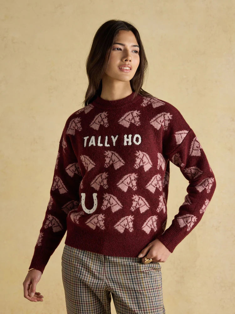 JOULES TALLY HO INTARSIA KNITTED JUMPER - Horse Pattern Burgundy Sweater, Women's Fashion Equiflair