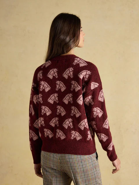 JOULES Horse Jumper: Tally Ho Intarsia Knit in Burgundy. Stylish equestrian fashion from Equiflair.