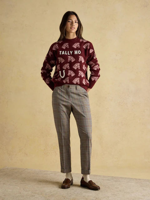JOULES Tally Ho Jumper: Burgundy Sweater with Horse Intarsia Knit, Women's Relaxed Fit Fashion Sweater. Shop Equiflair