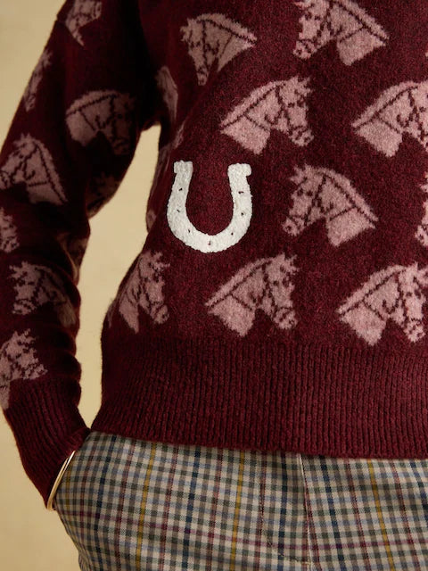 Joules Tally Ho Equestrian Jumper: Maroon Sweater with Horse Intarsia Knit & Horseshoe Applique - Women's Fashion