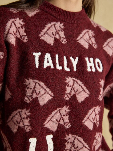 Joules Tally Ho Horse Sweater: Burgundy Knit Jumper with Horse Pattern & Embroidered Slogan