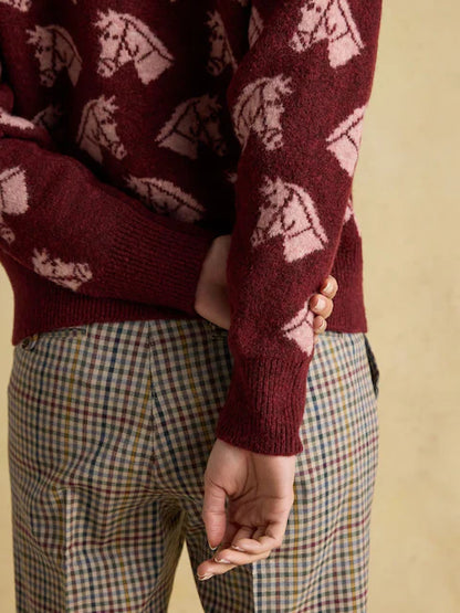 Joules Tally Ho Horse Jumper: Burgundy Knit with Equestrian Intarsia Pattern