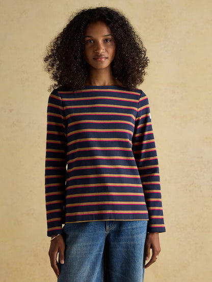 Joules Harbour Breton Navy Tan Striped Shirt: Woman wearing classic long sleeve top. Equiflair Saddlery product image.
