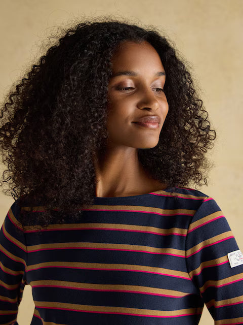 Joules Harbour Breton Shirt: Tan & Navy Multi Striped Top. Women's Classic Long Sleeve Striped Shirt.