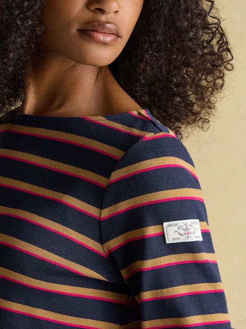 Joules Harbour Striped Top: Navy, Tan, Pink Breton Shirt with Mariner's Grade Badge.