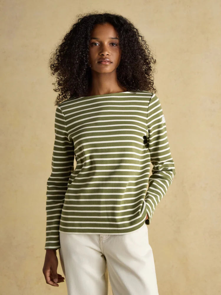 JOULES Harbour Green Breton Top. Women's long sleeve striped boat neck top.