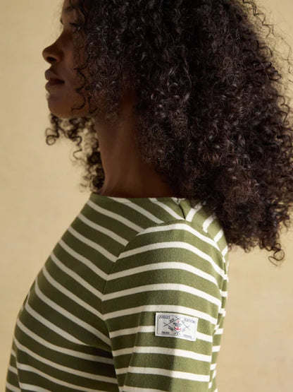 Joules Harbour Green Striped Breton Top. Boat Neck Long Sleeve Cotton T-shirt. Relaxed Fit. Nautical Style.
