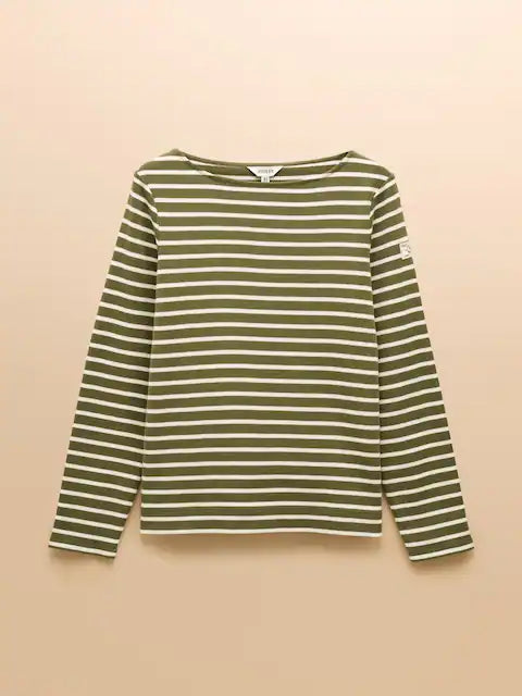 JOULES Harbour Breton Top: Green and White Striped Long Sleeve Boat Neck T-shirt