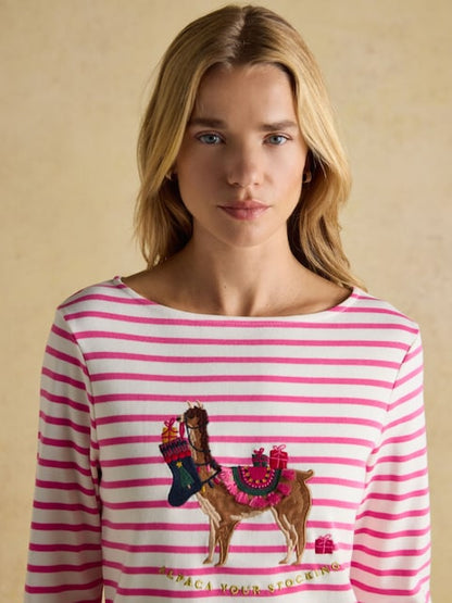 Joules Festive Harbour Alpaca Cream/Pink Boat Neck Breton Top