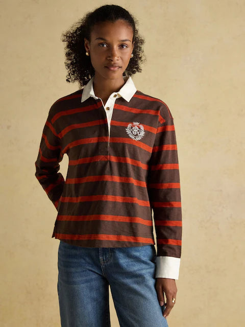 Joules Lara Red & Brown Stripe Rugby Shirt - Boxy Fit Cotton Top for Women