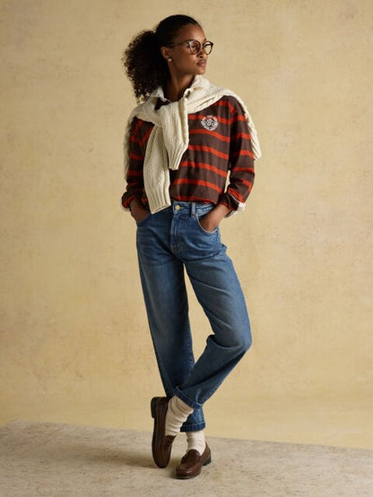 Joules Lara Red & Brown Striped Rugby Shirt for Women - Boxy Fit, Long Sleeve. Shop now!
