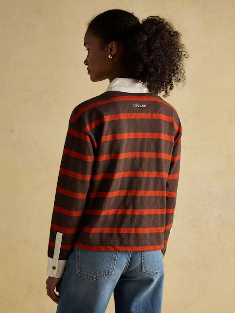 JOULES LARA Red & Brown Stripe Rugby Shirt - Boxy Fit, Long Sleeve, Cotton Top