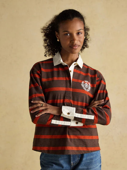 JOULES Lara Red & Brown Stripe Boxy Fit Women's Rugby Shirt - Long Sleeve Button Up