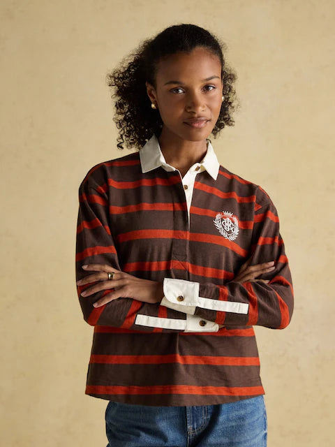 JOULES Lara Red & Brown Stripe Boxy Fit Women's Rugby Shirt - Long Sleeve Button Up
