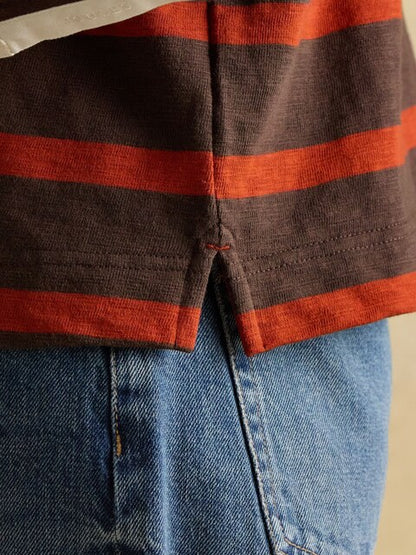 JOULES rugby shirt, red & brown stripes, boxy fit. Hem detail with jeans, Equiflair Saddlery.