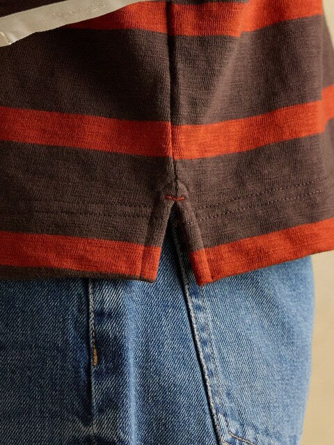 JOULES rugby shirt, red & brown stripes, boxy fit. Hem detail with jeans, Equiflair Saddlery.