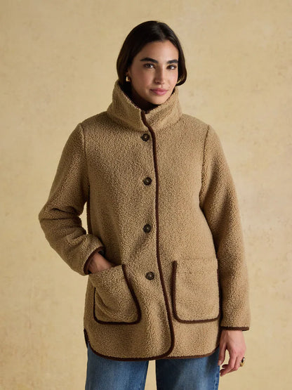 JOULES Sadie Taupe Fleece Jacket: Women's longline outerwear with button front, pockets, and corduroy trim. Stylish and warm for any season.