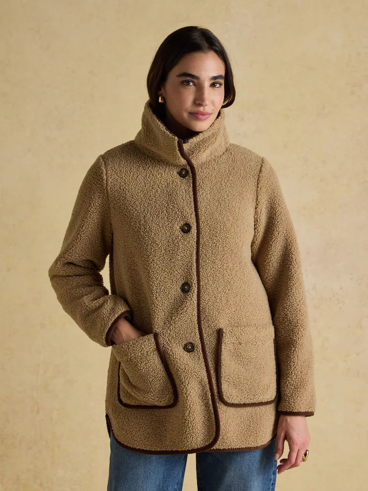 JOULES Sadie Taupe Fleece Jacket: Women's longline outerwear with button front, pockets, and corduroy trim. Stylish and warm for any season.