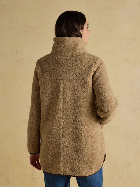 Joules Sadie Taupe Longline Fleece Jacket | Women's Fashion Warm Borg Coat Autumn Winter Outerwear | Equiflair
