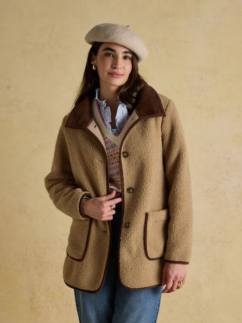 JOULES Sadie Taupe Longline Fleece Jacket for Women - Cord Collar, Button Fastening. Buy at Equiflair!
