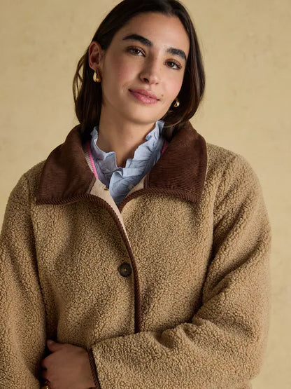 JOULES SADIE Taupe Longline Fleece Jacket with Corduroy Collar. Borg outer and button fastenings. Women's Fashion at Equiflair.