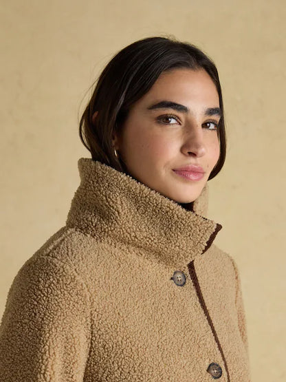 JOULES Sadie Taupe Longline Fleece Jacket for women - Borg outerwear with Corduroy Collar. Shop Equiflair