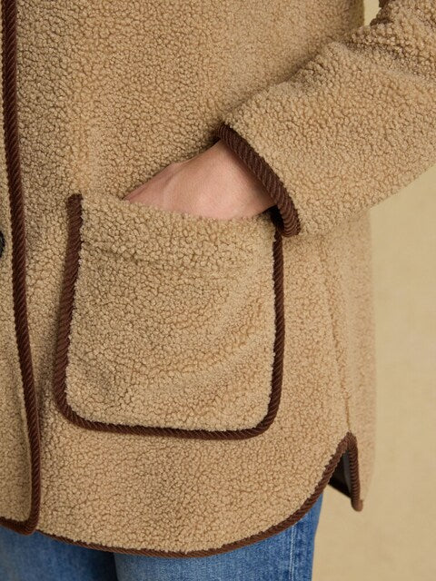 JOULES SADIE Taupe Longline Fleece Jacket: Warm recycled polyester borg with corduroy collar & patch pockets at Equiflair