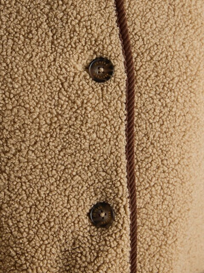 JOULES Sadie Taupe Fleece Jacket Close-up: Button & Corduroy Detail. Longline Borg Fleece Jacket.
