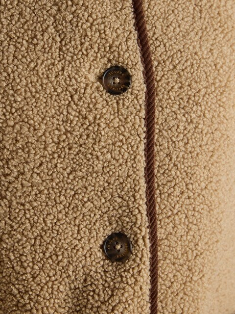 JOULES Sadie Taupe Fleece Jacket Close-up: Button & Corduroy Detail. Longline Borg Fleece Jacket.