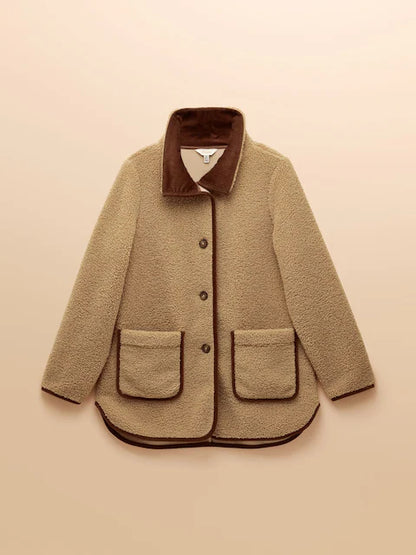 JOULES Sadie Taupe Fleece Jacket: Longline Borg Coat with Corduroy Collar & Pockets.