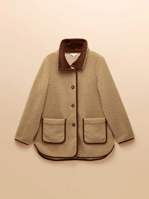 JOULES Sadie Taupe Fleece Jacket: Longline Borg Coat with Corduroy Collar & Pockets.