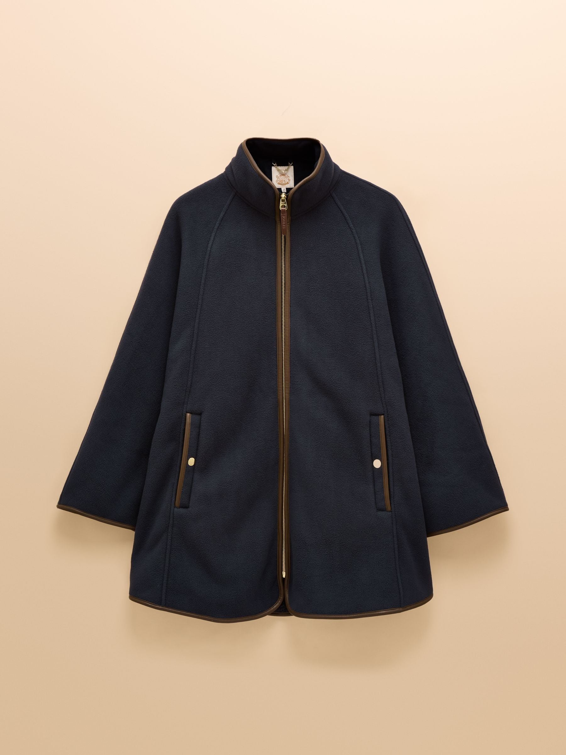 Women's Joules Heritage navy blue polar fleece longline cape with zip front and faux leather trim.