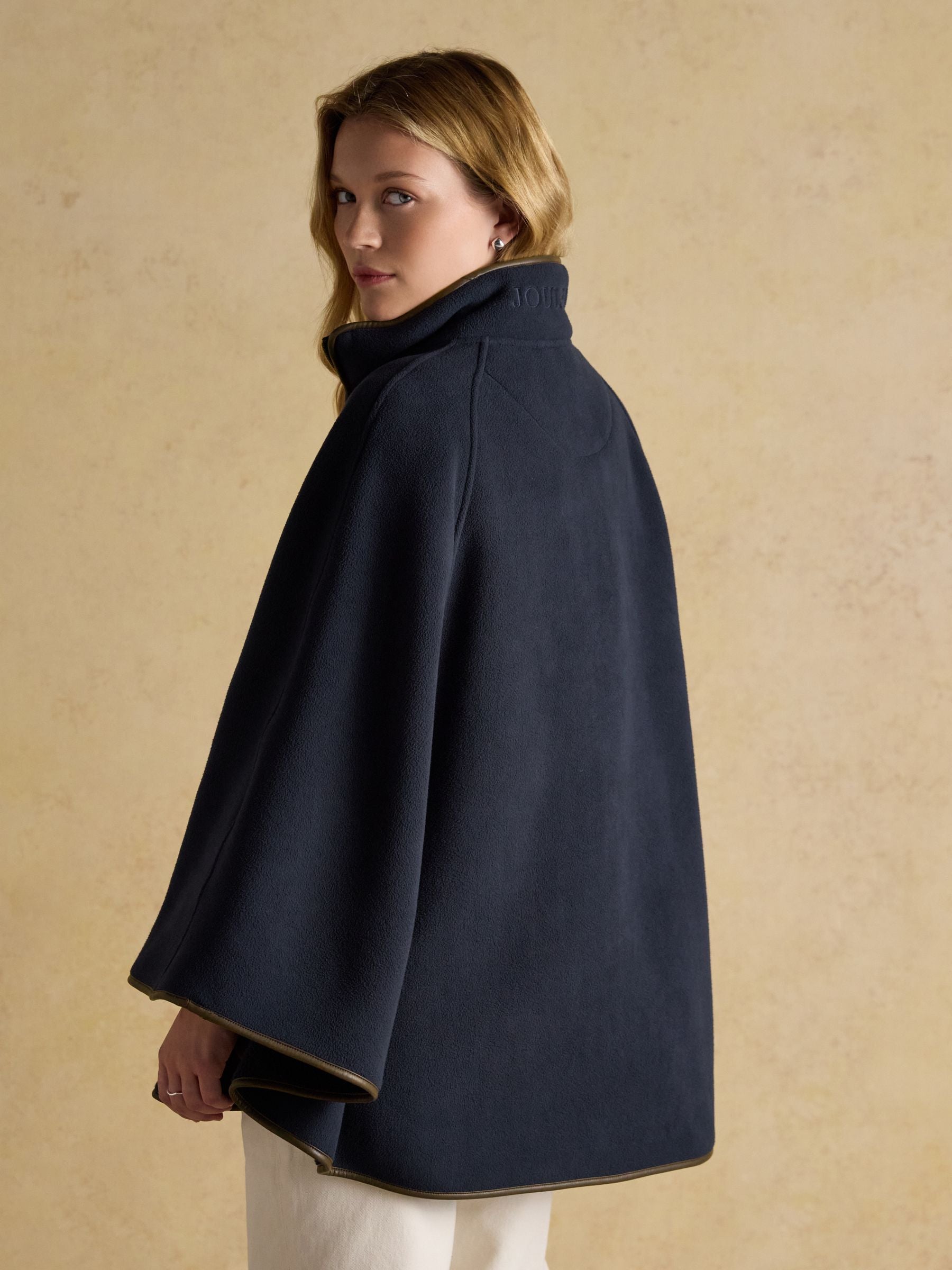 Joules Women's Navy Longline Polar Fleece Cape with Faux Leather Trim