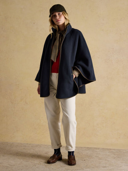 Joules Heritage Women's Navy Blue Longline Polar Fleece Cape with Faux Leather Trim