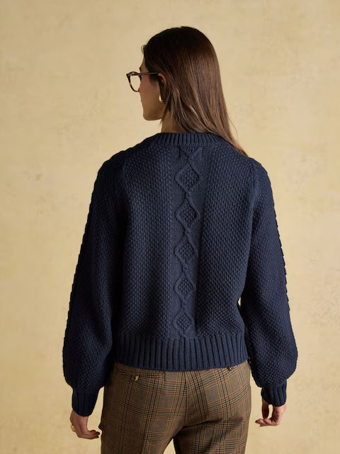 Equiflair RAFFERTY NAVY CABLE KNIT CARDIGAN: Navy wool blend cardigan with cable knit, raglan sleeves, round neck, ribbed hem.