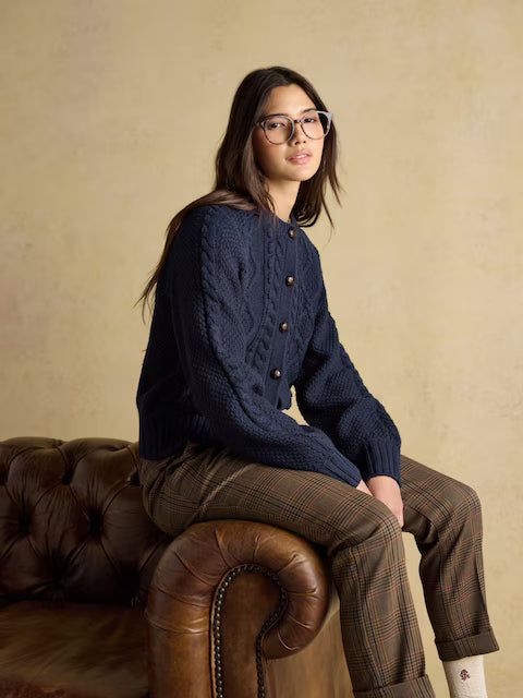 Equiflair Rafferty cardigan women, navy cable knit with faux horn buttons