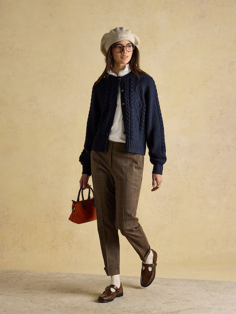 Equiflair RAFFERTY Navy Cable Knit Cardigan: Wool blend sweater, faux horn buttons, round neck, raglan sleeves, button fastening.