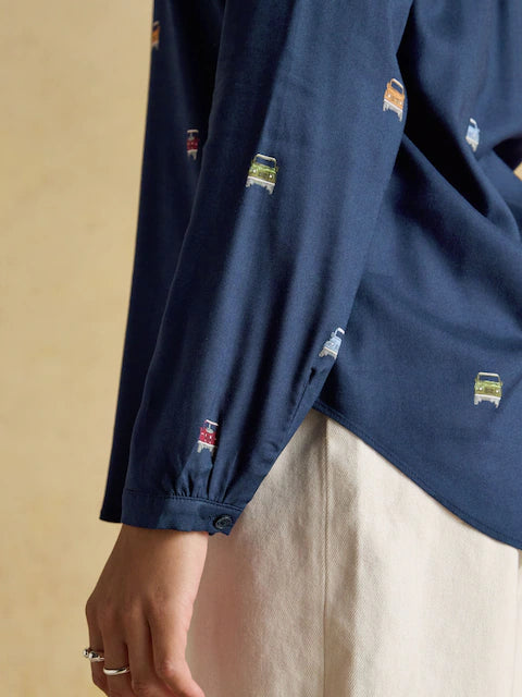 Joules Elvina Navy Shirt: Relaxed Fit with Bus/Van Print | Women's Fashion