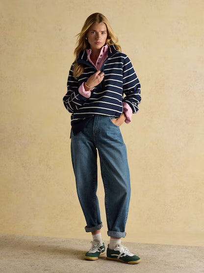 Joules Bronte Navy Stripe Funnel Neck Quarter Zip Cotton Sweatshirt