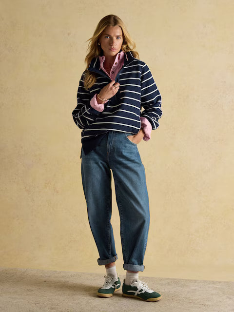 Joules Bronte Navy Stripe Funnel Neck Quarter Zip Cotton Sweatshirt